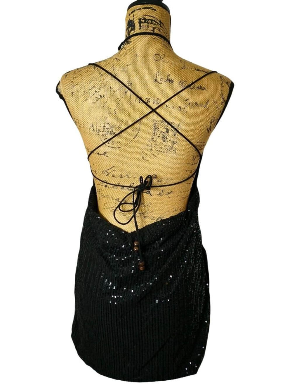 Womens S Black Sequin Mini Dress Open Back Criss Cross Shiny Party Clubwear NEW - Picture 5 of 11